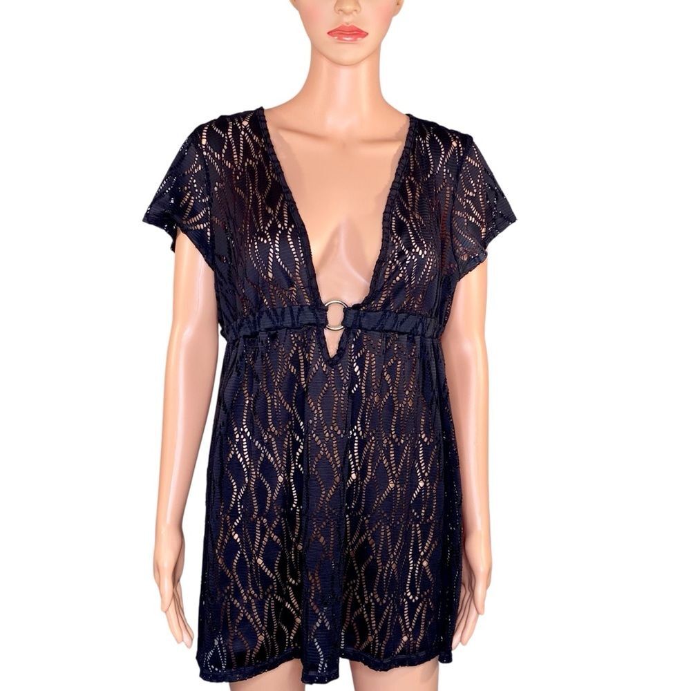 Catalina Black Lacey Swim Cover Up Short Sleeve Shorter Length Beach Dress SZ LG